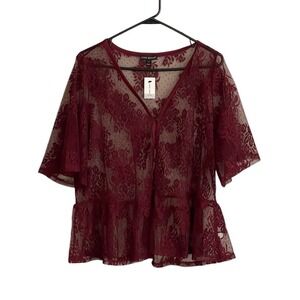 Women's 14/16 1X Lane Bryant Burgundy Sheer Lace Button Up Blouse Coquette NWT